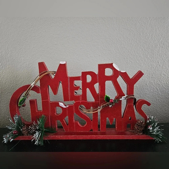 Merry Christmas tabletop decor red sign with frosted pine and details - Picture 1 of 4